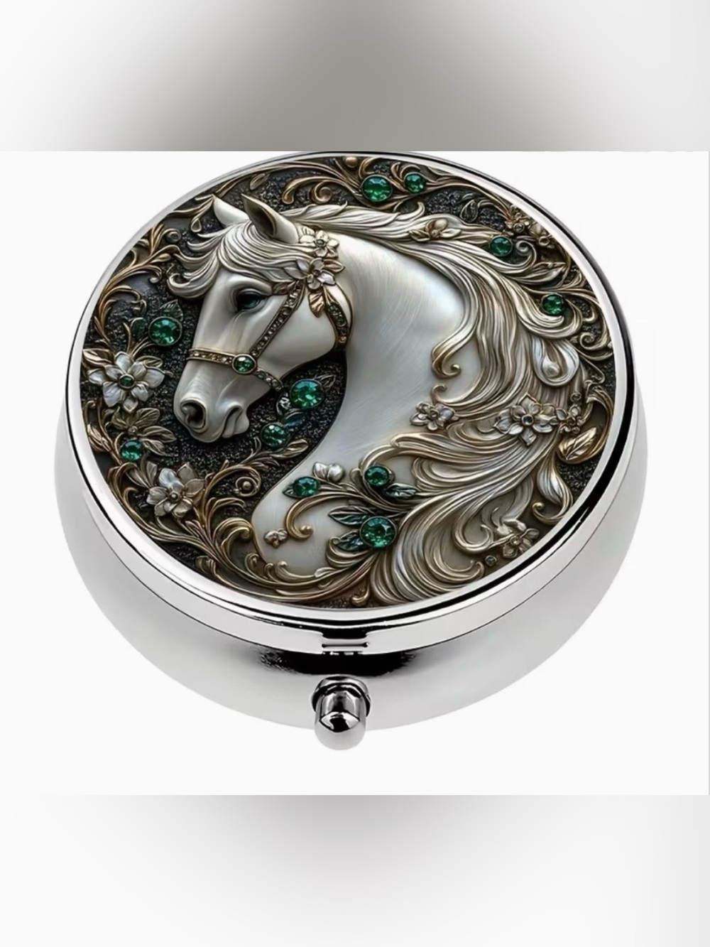 Horse Mare Equine Theme Round Pill Organizer 3-Compartment Compact Pill Case New